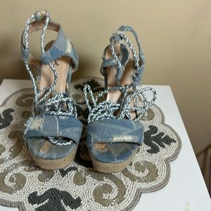 Denim tie up wedge heels